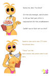  1girl 1girl animatronic animatronic_female beakless big_breasts bra_strap_is_showing_(meme) chicken chicken_girl dialogue exposing_self five_nights_at_freddy's five_nights_at_freddy's_2 fnaf phasianid robot robot_girl scottgames starsandbutts toy_chica_(fnaf) yellow yellow_skin 