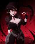 artist_name artist_signature asian asian_female belt big_breasts black_hair black_sclera breasts choker earrings evil_rise7 fangs fingerless_gloves gloves gothic_clothes jubilation_lee jubilee jubilee_(marvel_rivals) looking_at_viewer marvel marvel_rivals pale-skinned_female pale_skin red_eyes red_sky vampire vampire_girl vampire_jubilee