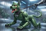 1boy 1male ai_generated bodysuit collar cosplay degradation domination/submission fangs green_body human_on_robot humiliation leash name_tag obedience on_hands_and_knees on_knees open_mouth pet_play petplay puppyplay robot_on_human robotic_arm skinsuit submission submissive tail tongue_out