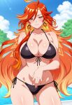 1girl ai_generated arm_behind_back big_breasts bikini black_bikini blush breasts cleavage earrings female_only genshin_impact long_hair mavuika_(genshin_impact) orange_eyes orange_hair outdoor_pool outside pool poolside smile solo_female vegaforge