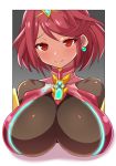 1girl bangs bedroom_eyes big_breasts blush breasts bust cleavage earrings hair_ornament heroine konno_tohiro looking_at_viewer nintendo pyra_(xenoblade) red_eyes red_hair smile xenoblade_chronicles_(series) xenoblade_chronicles_2