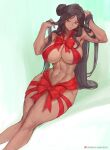  1girl big_breasts black_hair bubble_butt cleavage dark-skinned_female horny inviting_to_sex looking_at_viewer pose red_eyes sitting teasing tezy8art thick_thighs 