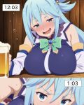 ai_generated alcohol aqua_(konosuba) blue_eyes blue_hair blush drunk gigantic_breasts goddess hair_bun huge_breasts implied_oral kono_subarashii_sekai_ni_shukufuku_wo! light-skinned_female light_skin long_hair looking_at_viewer massive_breasts sawahebi solo_female squatting sweat sweatdrop thick_body thick_female voluptuous voluptuous_female