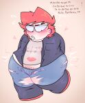 1boy arms_behind_back big_hips big_thighs blaehine blush blushed_face blushing_male boy cringe fat_male fat_man femboy femboy_only femenine_male hands_behind_back haruki_teshigawara hips hips_focus looking_down male messy_hair oc original original_character plump red_hair ripped_pants shy_expression spanish_dialogue spanish_text thick_ass tight_clothing tight_fit tight_pants wide_hips
