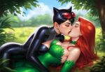  2_girls bangs bare_shoulders batman_(series) big_breasts black_bodysuit black_hair blue_earrings blurry blurry_background blush bopitphy cat_costume catwoman choker cleavage cleavage_cutout closed_eyes clothing_cutout cloud collarbone couple day dc_comics depth_of_field duo earrings elbow_gloves female/female female_only field forest french_kiss girl_on_top gloves goggles goggles_on_head grass green_bodysuit green_choker green_earrings green_gloves hugging kissing leaf leaf_clothing leaves lips lipstick long_hair love lying lying_on_back makeup multiple_girls mutual_yuri nature neck on_back outside pamela_isley parted_bangs plant_girl poison_ivy red_hair red_lipstick romantic romantic_couple selina_kyle short_hair skin_tight sky straight_hair strapless strapless_bodysuit stud_earrings supervillainess tree villainess yuri 