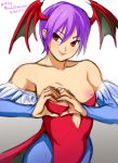  1girl artist_name darkstalkers dated female_only heart-shaped_boob_challenge heart_hands lilith_aensland mina_cream minacream nipples small_breasts topless_female 