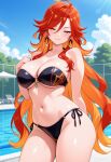 1girl ai_generated arms_behind_back bare_shoulders big_breasts bikini black_bikini blush breasts cleavage earrings female_only genshin_impact hand_on_chest hand_on_own_chest long_hair mavuika_(genshin_impact) orange_eyes orange_hair outdoor_pool outside pool poolside seductive_eyes seductive_look seductive_smile smile solo_female strapless_bikini vegaforge