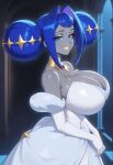 ai_generated android_girl blue_eyes blue_hair gigantic_breasts glitch_productions grey_body grey_skin grin gwen_(knights_of_guinevere) huge_breasts knights_of_guinevere looking_at_viewer massive_breasts princess_guinevere solo_female thick_body thick_female twin_buns voluptuous voluptuous_female yellowsli