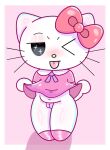 anthro black_eyes blush bottomless bow cat_girl chibi chibi_style clothed clothed_female clothes_lift clothing collared_dress cyka digital_media_(artwork) disgusted dress dress_lift felid feline felis female_only flashing flashing_pussy furry furry_female hair_bow hello_kitty hello_kitty_(character) hello_kitty_(series) kitty_white naughty_face neck_ribbon no_mouth one_eye_closed pink_dress presenting presenting_pussy pussy ribbon shiny_skin shoes short_dress short_sleeves smile standing tail testicle tongue tongue_out whiskers white_fur wide_hips young younger_female