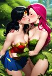 2_girls alternate_hair_color amazon bare_arms bare_legs bare_shoulders batman_(series) black_hair blue_skirt blush bopitphy bracer breast_press bush bushes choker cleavage closed_eyes collarbone couple day dc_comics diana_prince duo earrings female/female female_only french_kiss gold_jewelry grass green_choker green_leotard heroine jewelry justice_league kissing leaf leaf_clothing leaves leotard long_hair love miniskirt mole mole_on_breast multiple_girls mutual_yuri nail_polish nature neck outside pamela_isley parted_bangs pink_hair plant_girl pleated_skirt poison_ivy red_nails red_tubetop romantic romantic_couple silver_jewelry skirt star star_(symbol) star_print straight_hair strapless strapless_leotard stud_earrings superhero_costume superheroine supervillainess themysciran tiara tongue tree tubetop villainess wonder_woman wonder_woman_(series) yuri