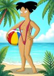 1girl 20th_century_fox 20th_century_studios amy_wong asian_female ball ball_holding beach black_hair breasts cameltoe female_focus fox_corporation futurama hand_on_hip navel ocean palm_tree slingshot_swimsuit thighs younger_female