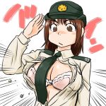 asian asian_female big_breasts bra breasts breasts_popping_out brown_eyes brown_hair busty_female button_pop gate_-_jieitai_ka_no_chi_nite_kaku_tatakaeri hat kuribayashi_shino military_uniform name_tag neck_tie necktie_between_breasts salute saluting sao_satoru shino_kuribayashi shirt_open white_background