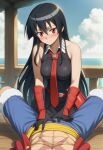 1boy 1boy1girl 1girl abs ai_generated akame_(akame_ga_kill!) akame_ga_kill! bangs bare_shoulders belt black_dress black_gloves black_hair black_shirt blush breasts closed_mouth cloud crossover day dress gloves hair_between_eyes hetero long_hair looking_at_viewer medium_breasts monkey_d._luffy necktie ocean one_piece outdoors pov red_belt red_eyes red_necktie shirt skirt sky sleeveless sleeveless_shirt smile straight_hair trewg001 very_long_hair