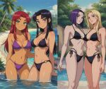  4girls ai_generated beach bikini dc_comics female_only komand'r koriand'r looking_at_viewer older older_female older_sister_and_younger_sister rachel_roth raven_(dc) raven_(teen_titans) sisters starfire teen_titans teen_titans_(television_series) terra terra_(dc) terra_(teen_titans) young_adult young_adult_female 