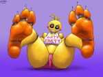  1girl 1girl 3_toes a9ymus absurd_res animal_humanoid animatronic avian avian_humanoid bib biped bird bird_humanoid black_sclera chicken_humanoid claws clothing feet female_humanoid female_only five_nights_at_freddy's five_nights_at_freddy's_2 foot_focus front_view galliform galliform_humanoid high_res humanoid legs_up looking_at_viewer machine orange_feet panties pink_clothing pink_panties pink_underwear pupils robot robot_humanoid rosy_cheeks scottgames sharp_teeth simple_background sitting smug spread_legs spreading teeth toe_claws toes toy_chica_(fnaf) underwear white_pupils wrinkled_feet wrinkles yellow_body 