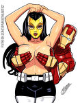  1boy 1girl 1girl armor black_hair blue_eyes breast_grab breasts hand_on_head iron_man light-skinned_female madame_masque male male/female marvel mask masked_female sparkietheartist topless 