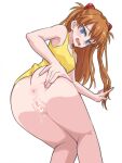 1girl 1girl anus ass asuka_langley_souryuu blue_eyes bottomless brown_hair dress looking_at_viewer looking_back neon_genesis_evangelion pussy simple_background solo_female thighs