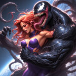 1girl ai_generated alien_girl dc_comics earth heroine_in_trouble long_hair marvel older older_female red_hair space spider-man_(series) starfire superheroine symbiote teen_titans tentacle venom young_adult young_adult_female young_adult_woman