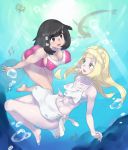  air_bubble bikini blush evuoaniramu french_braid large_breasts lillie lillie_(pokemon) moon_(pokemon) moon_(trainer) one-piece_swimsuit pokemon pokemon_(game) pokemon_sm red_swimsuit swimming swimsuit underwater white_swimsuit 