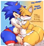  2boys anthro big_penis biped blue_body blush bottomwear canid canine clothed clothing dialogue duo eulipotyphlan femboy fox fur genitals hedgehog high_res interspecies legwear male male/male male_only mammal miles_"tails"_prower miles_tails_prower miniskirt penis penis_size_difference sega sega skirt small_penis sonic_the_hedgehog sonic_the_hedgehog_(series) stockings tails_the_fox text theyeager thick_thighs topless white_body yellow_body 