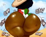 afro ass_clapping ass_close-up back back_view background beach beach_background bird birds black_hair colored crab dark-skinned_femboy dark-skinned_male fat_ass femboy freckles freckles_on_ass glittering_hair jayden_(fazzinart) round_ass swimsuit swimwear under_view walking wobbling_ass