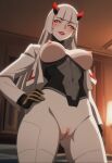1girl 1girls ai_generated android overwatch pants presenting_pussy pussy robot robot_girl shion_(overwatch) solo_focus standing white_body
