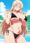 1girl ai_generated azur_lane big_breasts bikini bismarck_(azur_lane) black_bikini blonde_hair blue_eyes blush breasts cleavage female_only long_hair outdoor_pool outside pool poolside pulling_bikini_string smile solo_female vegaforge