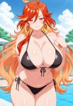  1girl ai_generated arm_behind_back big_breasts bikini black_bikini blush breasts cleavage earrings female_only genshin_impact long_hair mavuika_(genshin_impact) orange_eyes orange_hair outdoor_pool outside pool poolside smile solo_female vegaforge 
