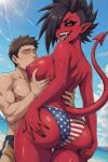  1boy 1female 1girl 1girls 1male american_flag_bikini bikini black_hair boy breasts curvy curvy_female curvy_figure demon demon_female demon_horns demon_tail demoness grabbing_breasts grabbing_butt horns looking_at_viewer looking_back looking_back_at_viewer male nipple pointy_ears red_eyes red_skin size_difference smaller_male sucking_breasts tail taller_female 