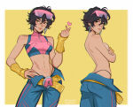 arms_crossed asian asian_female back_to_viewer belt big_breasts black_hair breasts covering_breasts earrings jubilation_lee jubilee jubilee_(marvel_rivals) looking_at_viewer looking_back madogg marvel marvel_rivals panties pants panty_straps short_top sunglasses sunglasses_on_head topless topless_female yellow_eyes