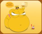  1girl 1girl animatronic animatronic_female beakless big_belly big_breasts chicken chicken_girl fat_female five_nights_at_freddy's five_nights_at_freddy's_2 fnaf hyper hyper_breasts hyper_fat obese obese_female overweight overweight_female phasianid plump robot robot_girl scottgames toy_chica_(fnaf) yellow yellow_skin 