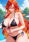  1girl ai_generated big_breasts bikini black_bikini breasts cleavage earrings female_only genshin_impact long_hair mavuika_(genshin_impact) orange_eyes orange_hair outdoor_pool outside pool poolside smile solo_female sunglasses vegaforge 