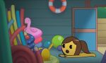  1girl ass black_eyes brown_hair emoji emojitown nude_female on_stomach open_mouth yellow_skin 