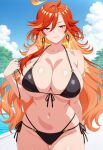  1girl ai_generated big_breasts bikini black_bikini blush breasts cleavage earrings female_only genshin_impact long_hair mavuika_(genshin_impact) orange_eyes orange_hair outdoor_pool outside pool poolside smile solo_female vegaforge 