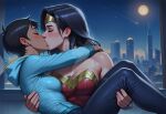  2_girls amazon bangs big_breasts black_hair black_pants blue_hoodie blush bopitphy breasts building carrying city cityscape cleavage closed_eyes couple dark-skinned_female dark_skin dc_comics diana_prince duo earrings female/female female_only gold_jewelry heroine hoodie indoors interracial interracial_couple interracial_yuri jewelry justice_league justice_league_unlimited kissing leotard lois_lane lois_lane_(my_adventures_with_superman) long_hair long_sleeves love multiple_girls mutual_yuri my_adventures_with_superman neck night night_sky pants parted_bangs princess_carry red_earrings red_leotard romantic romantic_couple shooting_star short_hair sky small_breasts star star_(symbol) star_print starry_sky straight_hair strapless strapless_leotard superhero_costume superheroine superman_(series) themysciran tiara window wonder_woman wonder_woman_(series) yuri 