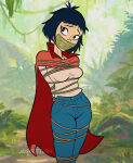  asian asian_female bondage cape gorillaz japanese japanese_female jeans justsittight noodle_(gorillaz) noodle_(the_mountain) rope rope_bondage taped_mouth the_mountain_the_moon_cave_and_the_sad_god tied_up 