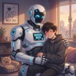ai_generated blush blushing_male brown_hair brown_hair_male clothed coffee collar cuddling cushion grin hoodie human_on_robot interspecies pet_play petplay robot robot_humanoid robot_on_human smile submissive_male window