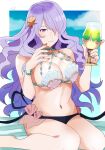  1girl 1girl = alluring alternate_costume bare_arms bare_legs bare_shoulders beach_mat bead_bracelet beads big_breasts bikini blue_sky border bracelet camilla_(fire_emblem) cleavage cloud cocktail_glass commentary corrin_(fire_emblem)_(cosplay) cosplay cup drinking_glass fire_emblem fire_emblem_cipher fire_emblem_fates fire_emblem_warriors full_cleavage hair_ornament hair_over_one_eye high_res holding holding_cup intelligent_systems jewelry long_hair looking_at_viewer nail_polish navel nintendo one_eye_closed outside outside_border parted_bangs parted_lips purple_eyes purple_hair purple_nails rem_(eyes_410) shell shell_bikini shell_hair_ornament sideboob sitting sky smile stomach swimsuit thighs under_boob very_long_hair wavy_hair white_border 