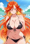 1girl ai_generated big_breasts bikini black_bikini blush breasts cleavage earrings female_only genshin_impact hand_on_chest hand_on_own_chest long_hair mavuika_(genshin_impact) orange_eyes orange_hair outdoor_pool outside pool poolside smile solo_female vegaforge