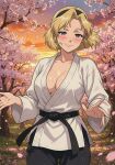 1girl adult_swim ai_generated boondocks cherry_blossoms female_only gi karate karate_gi martial_arts martial_arts_belt martial_arts_uniform milf outside sara_dubois sarah_dubois sunset the_boondocks