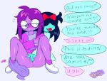  2026 2_girls annoyed aqua_(deltarune) aqua_skin ass assisted_masturbation black_hair blush book bottomless bow deltarune deltarune_chapter_5 dialogue duo english_text fang fang_out female/female female_focus female_only glasses hair_bow high_res holding_book long_hair long_sleeves looking_at_another looking_back masturbating_other masturbation motion_lines nerd nerdy_female new_darkstar open_mouth panties_aside pants_down purple_hair purple_skin pussy rubbing_pussy seth_(deltarune) shoes speech_bubble sweatdrops text undertale_(series) yuri 