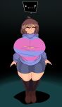  1girl 1girl ? absurd_res alternate_body_size boots breasts brown_boots brown_hair captain_kirb closed_eyes female_frisk frisk frisk_(undertale) genderswap genderswap_(otf) high_res huge_breasts short_hair shorts spoken_question_mark striped_clothes striped_sweater sweater undertale undertale_(series) utdr_(toby_fox) 