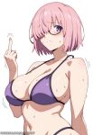 ai_generated big_breasts bikini blush fate/grand_order fate_(series) glasses hair_over_one_eye huge_breasts light-skinned_female light_skin lilabratt looking_at_viewer mashu_kyrielite massive_breasts middle_finger pink_hair purple_eyes short_hair solo_female squatting sweat sweatdrop thick_body thick_female voluptuous voluptuous_female