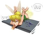 bent_over blonde_hair disney dress dress_lift english_text fellatio green_panties oral panties_down partially_clothed peter_pan questionable_consent speech_bubble tinker_bell wings