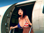  ai_generated airplane american_flag_bikini azumanga_daioh bikini black_hair closed_eyes elfgens gigantic_breasts grin huge_breasts light-skinned_female light_skin long_hair massive_breasts osaka_ayumu_kasuga solo_female squatting sweat sweatdrop thick_body thick_female voluptuous voluptuous_female 