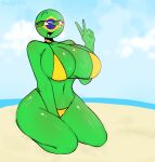  1girl among_us_reference ass beach big_ass big_ass big_breasts big_thighs brazil_(countryhumans) breasts countryhumans countryhumans_girl female_focus female_only green_eyes green_skin kak0yt0_chel yellow_bikini 
