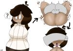  1girl after_sex aged_up aira_(mochimochz) ass balls big_breasts brown_hair brown_skin cum dress female_only fuck heart mating_press mochimochz nude penis persona question_mark sex sex simple_background simple_eyes tongue tongue_out wet 