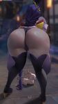  1girl bent_over big_breasts bubble_butt cleavage doggy_position genshin_impact horny inviting_to_sex oroborus pose purple_eyes purple_hair raiden_(genshin_impact) raiden_shogun standing stockings teasing thick_thighs 