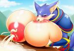 1girl 1girl ai_generated breast_squish hyper_breasts lactation monster_hunter nipple_squeeze palamute_(monster_hunter) self_milking sucking_own_breasts