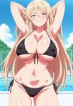  1girl ai_generated arms_behind_head azur_lane big_breasts bikini bismarck_(azur_lane) black_bikini blonde_hair blue_eyes blush breasts cleavage female_only long_hair outdoor_pool outside pool poolside smile solo_female vegaforge 